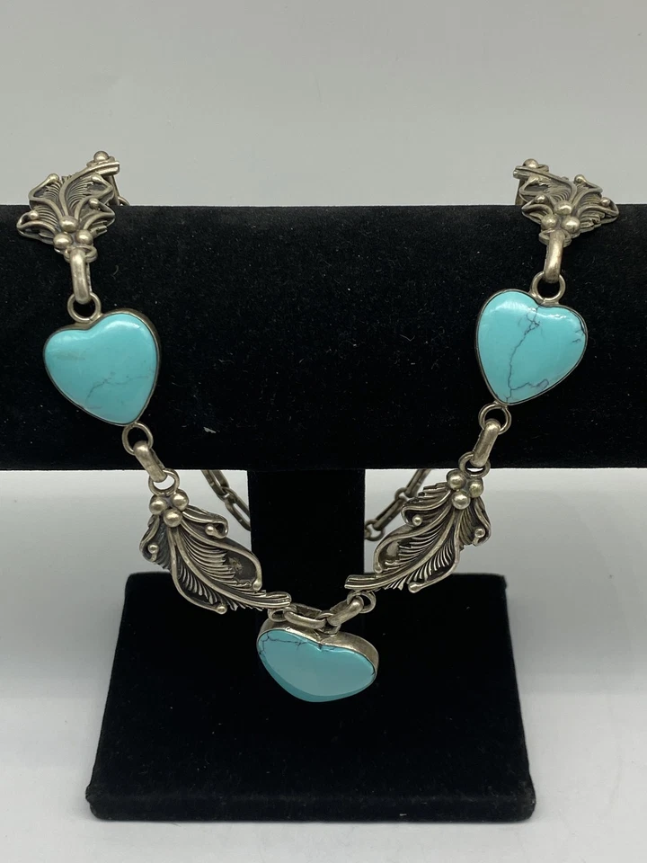 P T G Sterling silver Turquoise Heart Feather Link Necklace 70.0g - Image 4 of 4