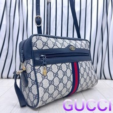 GUCCI GG Supreme Sherry Line Shoulder Bag PVC Leather Navy Vintage From Japan