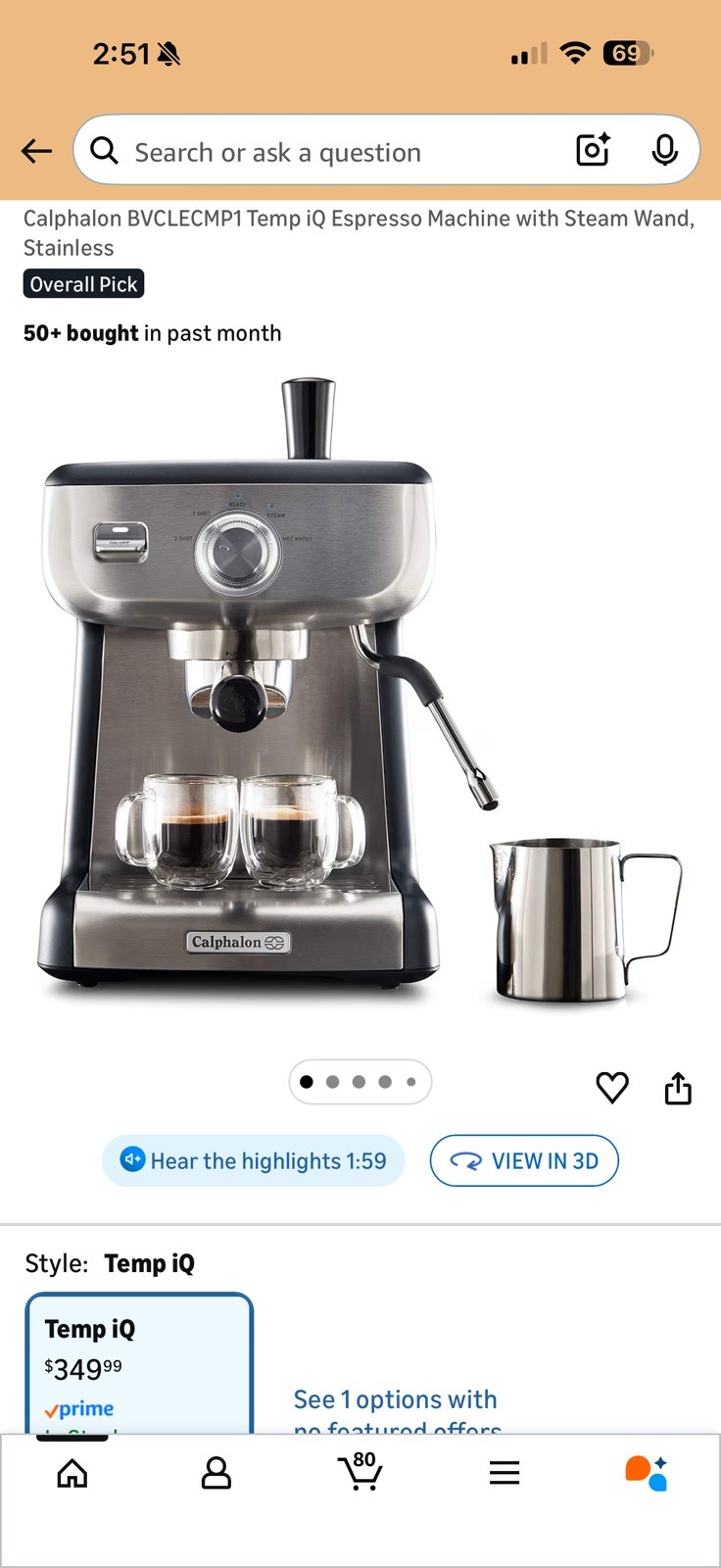 Calphalon BVCLECMP1 Temp iQ Espresso Machine with Steam Wand Stainless