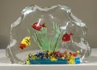 Vintage Murano Art Glass Aquarium Paperweight with 3 Colorful Fish Made In Italy