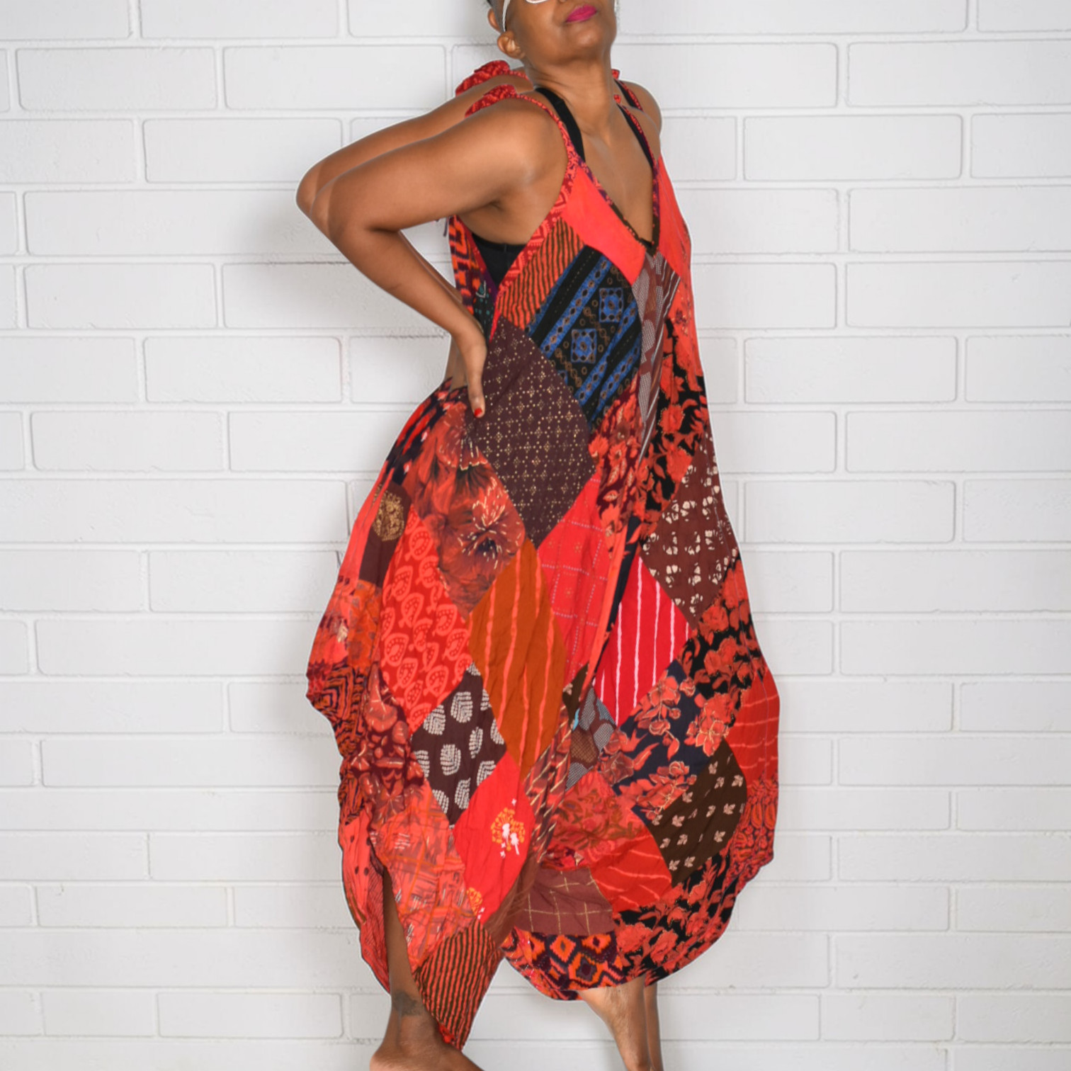 Patchwork Harem Romper Red Tie Shoulder Jumper Ov… - image 3