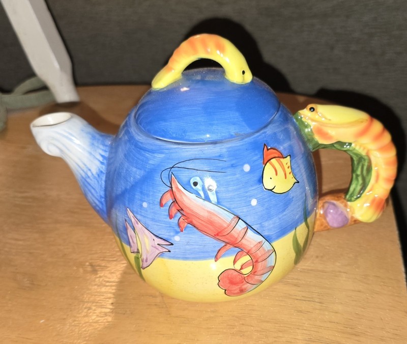Ceramic Sea Life Tea Pot, Blue Yellow Multicolor Glossy Round Decorative