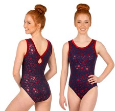 GK Elite VTG Foiled Star Spangled Navy Red Keyhole Tank Leotard Vneck Size AL