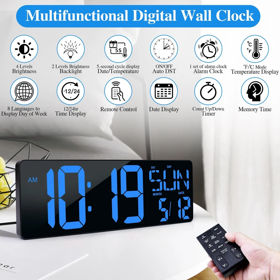 Large Digital Wall Clock with Remote Control 17.2" LED Large Display Timer wi... - Image 2 of 4