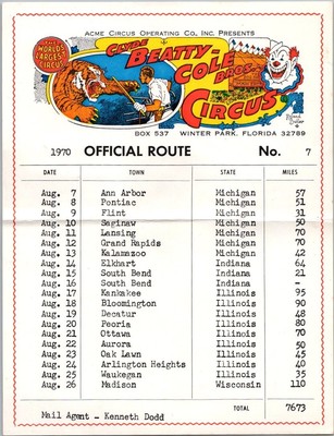 1970 CLYDE BEATTY - COLE BROS. CIRCUS SCHEDULE Ephemera 7''x5.5'' Route 7 Michigan