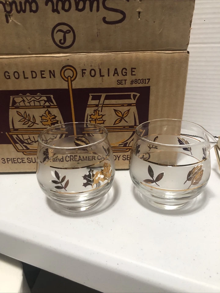 Juego de carrito vintage de azúcar y crema de vidrio esmerilado Libbey hojas doradas caja original Foto 2 de 4