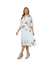 Fig And Flower Embroidered Pink Feather On White Bohemian Midi Dress Size M