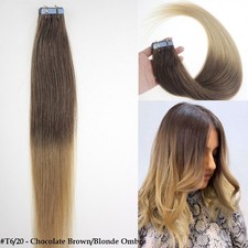 Tape-in Human Hair Extensions Skin Weft Ombre Walnut Brown to Strawberry Blonde