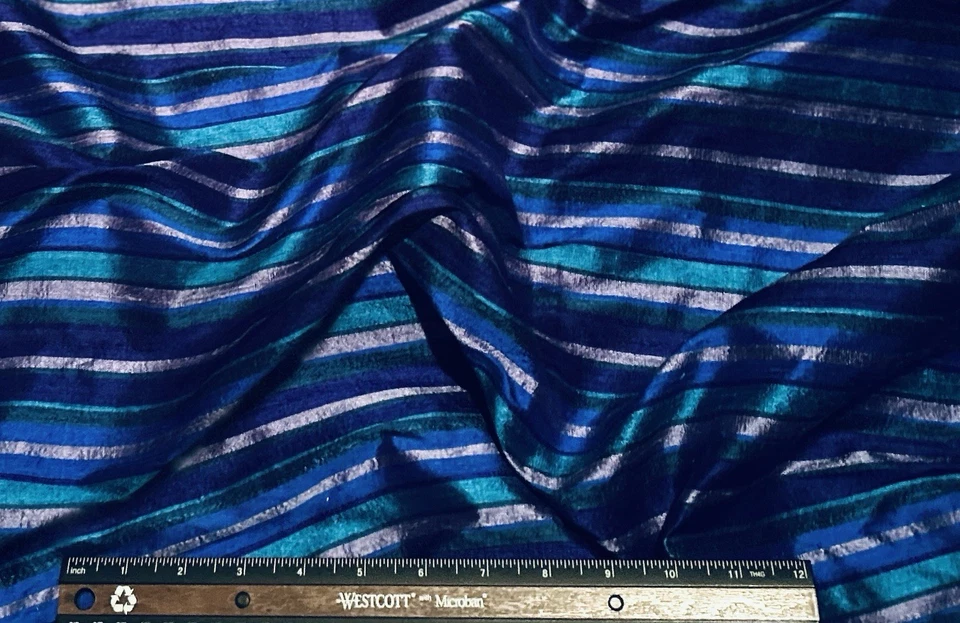 Blue/Teal/Purple Dupioni Stripes 100% Silk Fabric 44" Wide By The Yard (SD-617C) - Image 2 of 4
