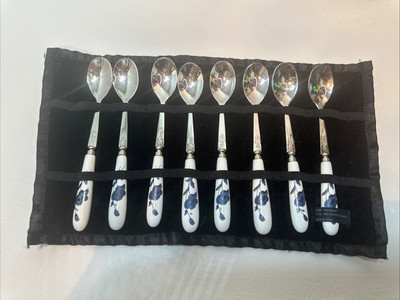 8 Stainless 18-10 Tea Jam Spoon White Porcelain Handle Blue Floral