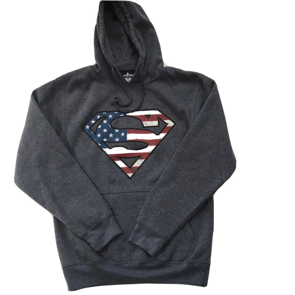 Six Flags Superman Hoodie Pullover Kids Sweatshirt Logo Small Boy American Flag