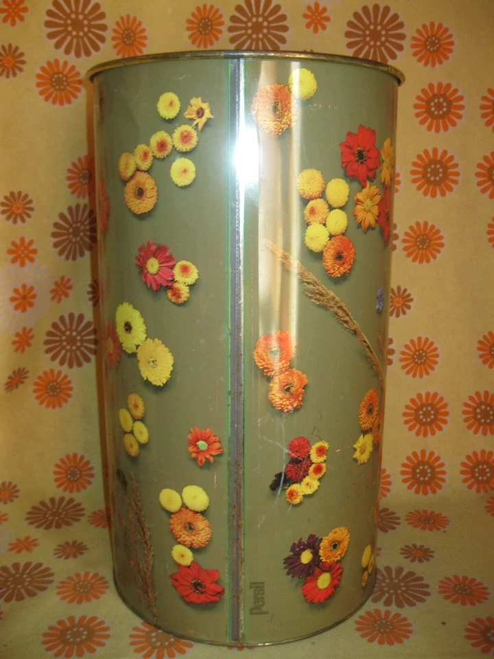 Vintage 70s Ancien BARIL POUBELLE PUBLICITAIRE LESSIVE PERSIL 40x23 FLEURS BIDON - Photo 4/4
