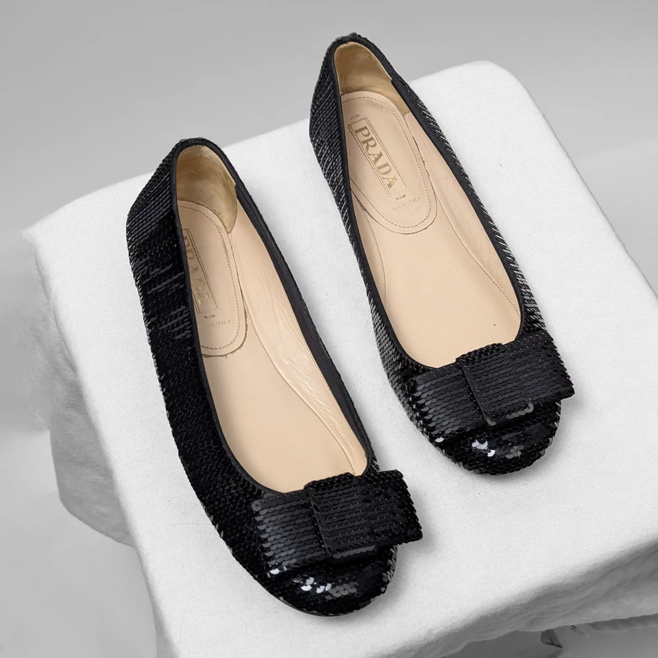 Prada блестки бант блестящий Paillettes блестящий низкий балет черный плоскостях EU37,5 US7,5-8 - Изображение 3 из 4