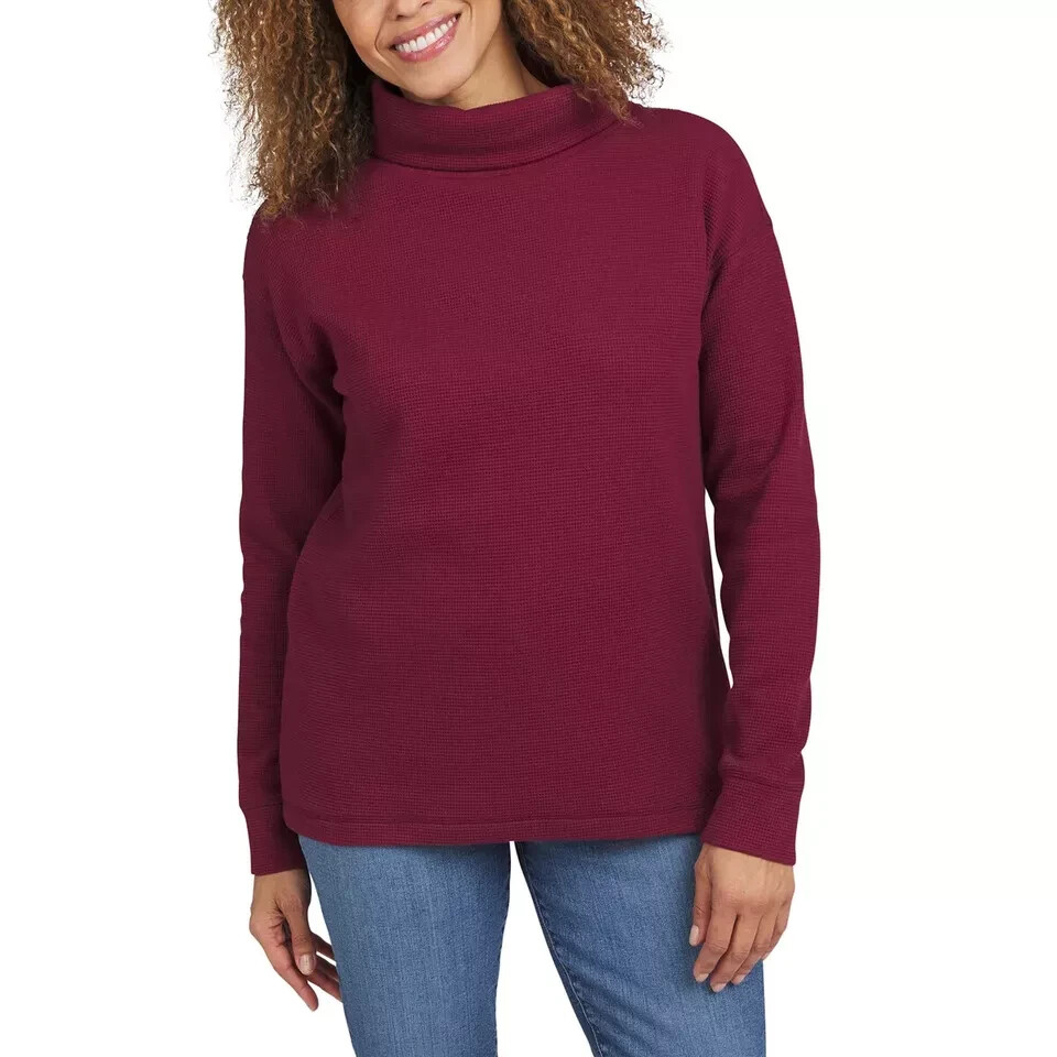 Lands End Womens Red Long Sleeve Waffle Funnel Neck Top Size S