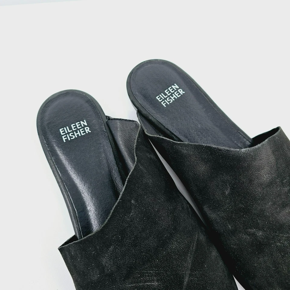 Mules planos sin cordones Eileen Fisher 8,5 cuero nobuck negro punta abierta suave cómodo Foto 3 de 4
