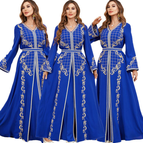 Embroidery Kaftan Two Piece Women Long Dress Set Abaya Muslim Evening Robe Arab - Picture 1 of 20