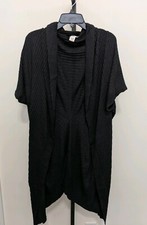 MAX STUDIO MSSP Sweater Duster Cardigan Short Sleeve Open Charcoal Black L