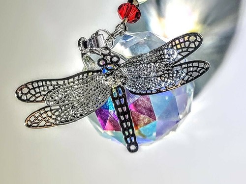 Handmade 40AB crystal 9" suncatcher with dragonfly rainbow beads, silver clasp - Picture 2 of 7
