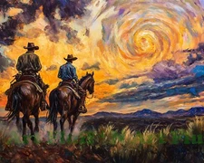 2 Cowboys Riding Horses Colorful Sunset AI Digital Print 11x14 Museum Paper T62