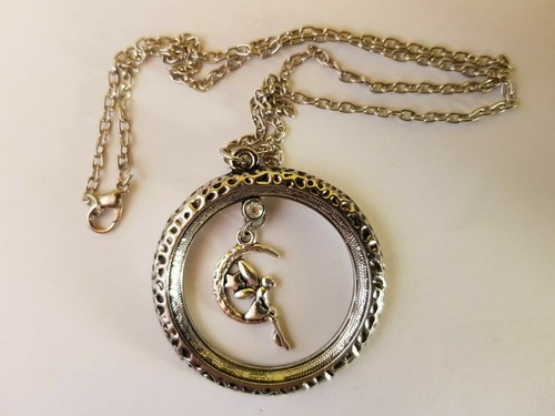Antiqued Silver Circle Fairy Crescent Moon Pendant Necklace - Picture 3 of 4