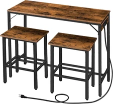 Bar Table and Chairs Set, 47.2" Dining Table Set with Power Outlet, 3-Piece Pub