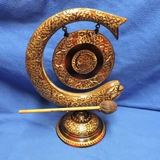 Brass Oriental Gong Hanging Dinner Bell Floral Etched 13.5" tall