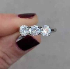 2.50 CTW Round Cut Moissanite Three Stone Engagement Ring 14K White Gold Plated