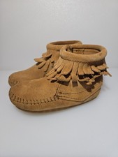 Minnetonka Kids Size 5 Double Fringe Moccasins Bootie Brown Leather Side Zipper