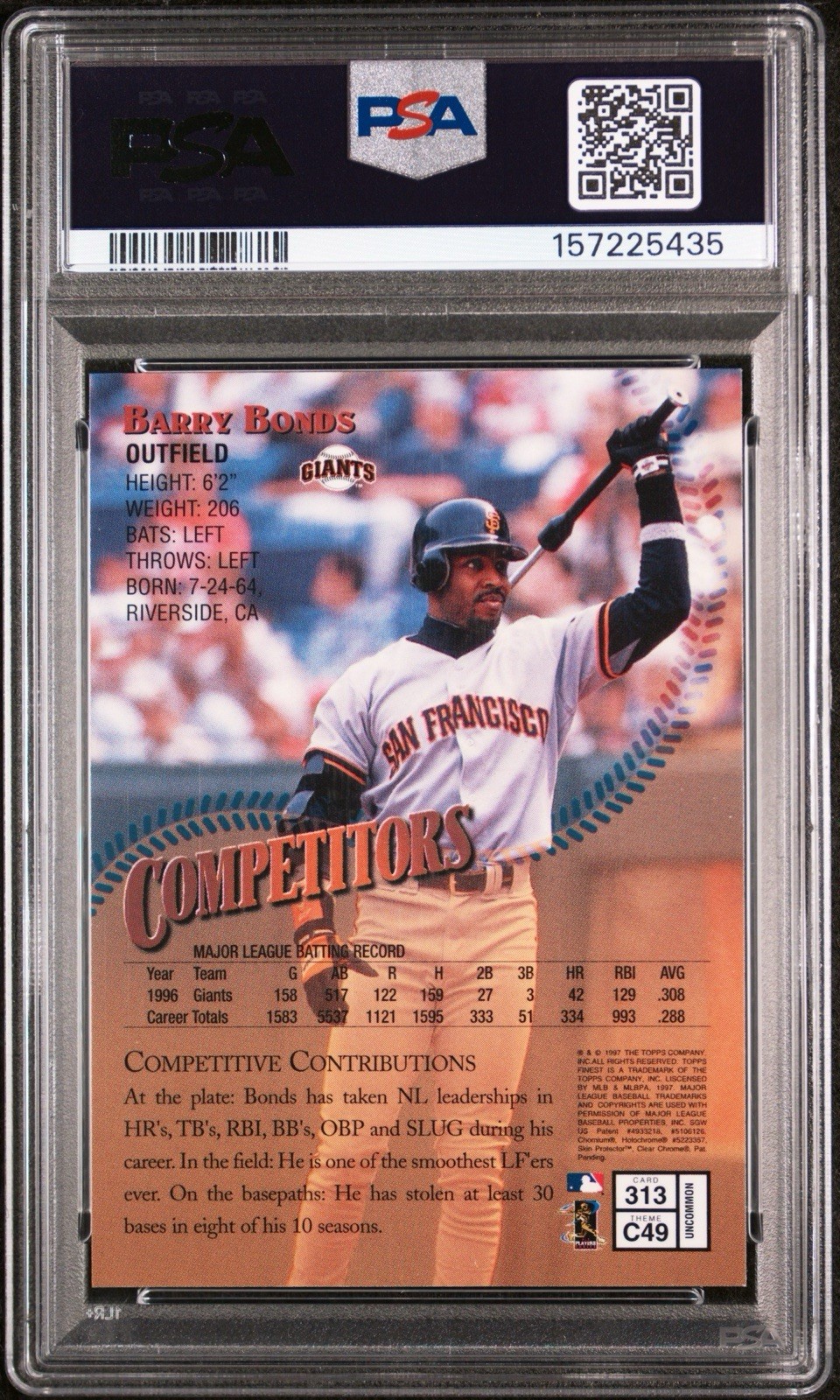 1997 Finest 313 Barry Bonds PSA 10 GEM MINT Uncommon Parallel Pop 6 view 2