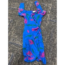 Vintage Flora Kung Silk Floral Jacquard Midi Dress Blue Pink Tulip 80s Size 2