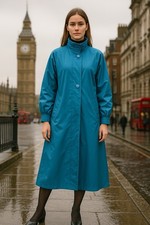 Vintage London Fog Blue Long Trench Coat 12 Regular USA Made Plaid Lining