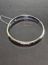 Vintage Etched Sterling Silver 925 Hinged Bangle Bracelet With Safety Chain