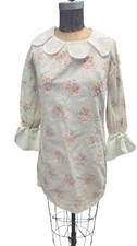 Vintage 70s Mod Mini Dress White W/ Floral Design  Peter Pan Collar Small