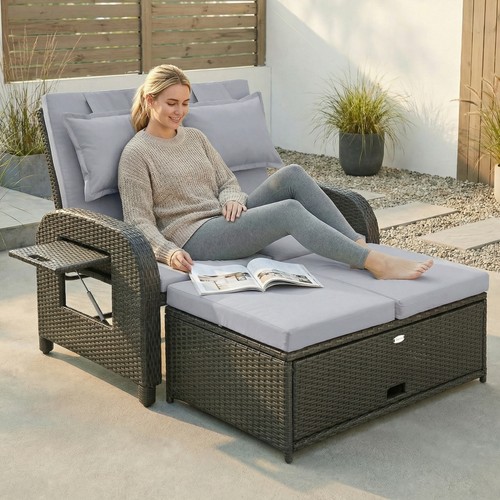 Outsunny Outdoor Patio Rattan Daybed w/ Storage Ottoman, Gray at eBay