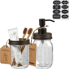 2 Piece Mason Jar Soap Dispenser and Toothbrush Holder Set,Bronze  Farmhouse