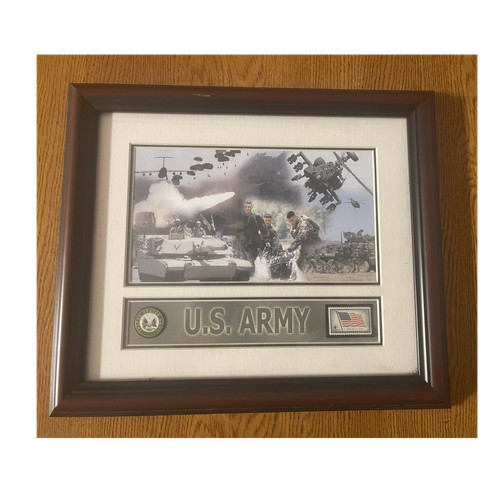 U.S. Army Framed Plaque Print w/ Army Seal & Flag Stamp Military