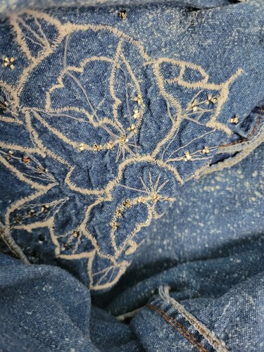 Vtg Pretty Bleu Acid Wash Denim Shirt w Applique Florals & Rhinestones Size M - Afbeelding 17 van 20