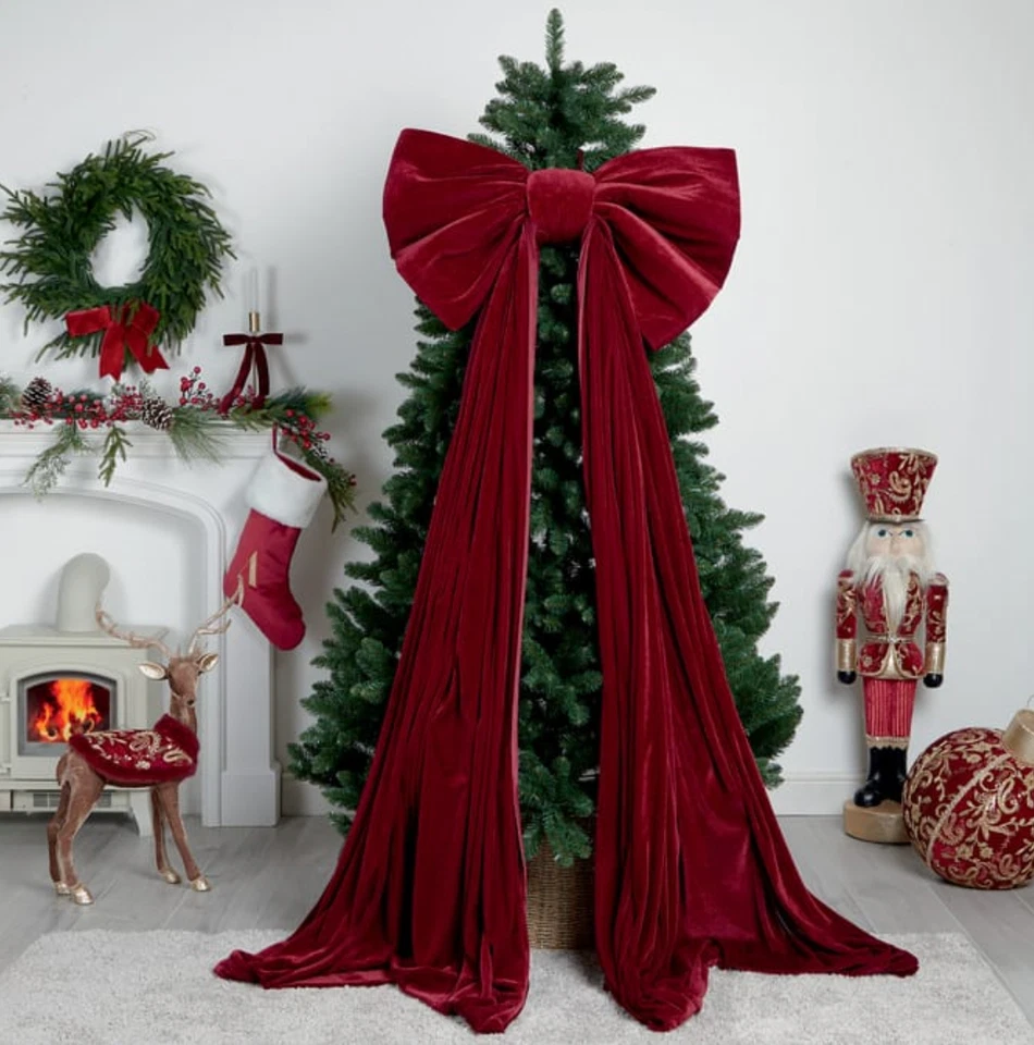 2.4m Drop Luxurious Oversized Giant Hanging Red Velvet Bow Christmas Decoration - Image 2 of 2