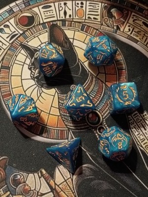 ~Mystical Gaming Dice ~ Set of 7 D&D Dice ~ Pearlescent Blue Gold Accents