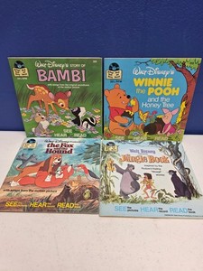 Vintage Walt Disney Read-Along Book and Record Lot - Bambi, Pooh, Jungle Book