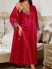 Women's Satin Long Robe And Lace Trim Nightgown Set
