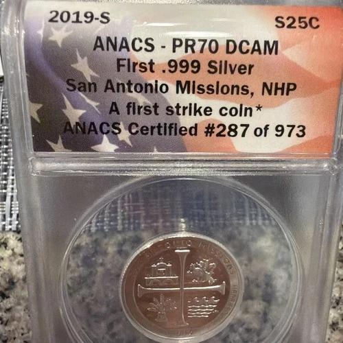 2019 S .999 SILVER QUARTER  SAN ANTONIO MISSIONS PROOF ANACS PR70 DCAM PR11