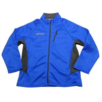 Menards Jacket Mens 2XL Blue Gray Softshell Full Zip Workwear Logo Embroidered