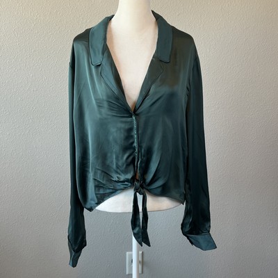 Aritzia Wilfred Cropped Tie Front Cupro Blouse Green Size XL