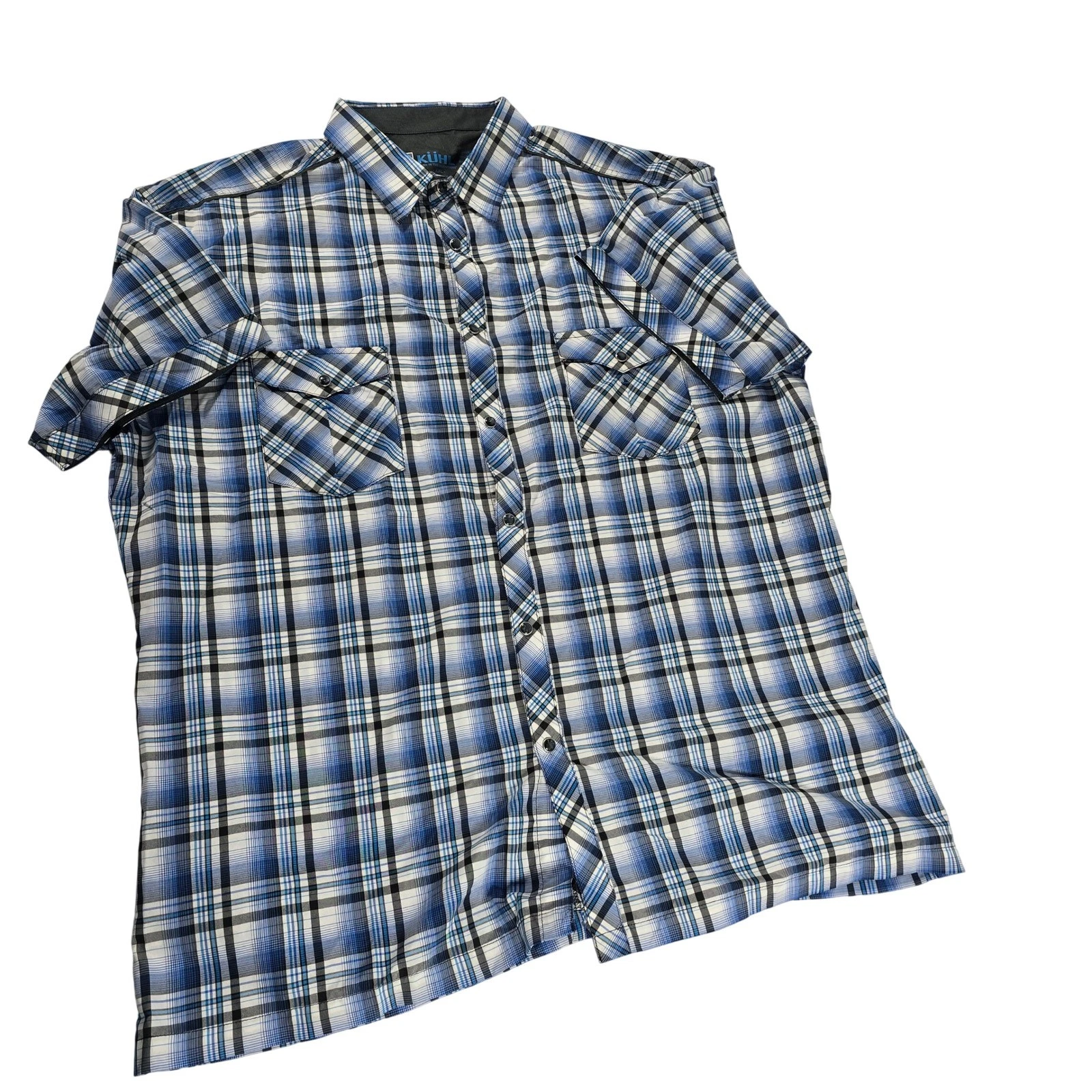 Kuhl Eluxur Mens XXL Blue Plaid Short Sleeve Snap Button Down Shirt 11656