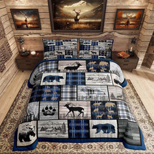 Rustic Cabin Bedding Set Soft for Boys Girls, Bear Deer Wildlife Comforter Set F