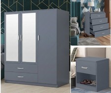 3 Piece High Gloss Grey Bedroom Furniture Set Bedside Chest of Drawer Wardrobe