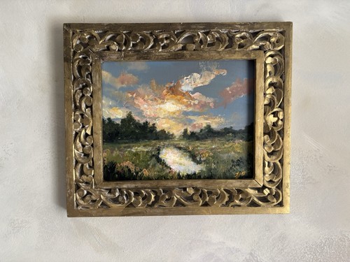 ORIGINAL Hand Painted Moody Landscape Painting, Signed In Gold Wood Framed 12x14