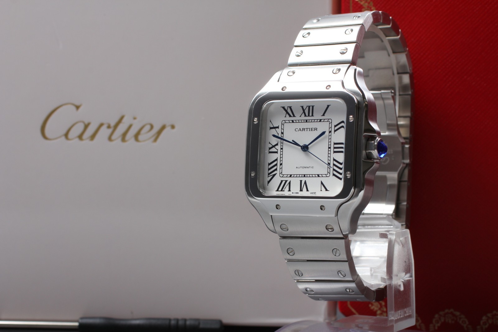 MINT w/ Box Paper Cartier Santos de Cartier WSSA0029 White Roman Dial Watch
