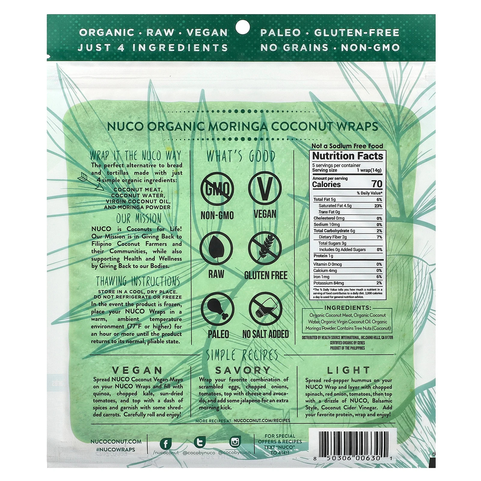 Organic Coconut Wraps, Moringa, 5 Wraps, 14 g Each